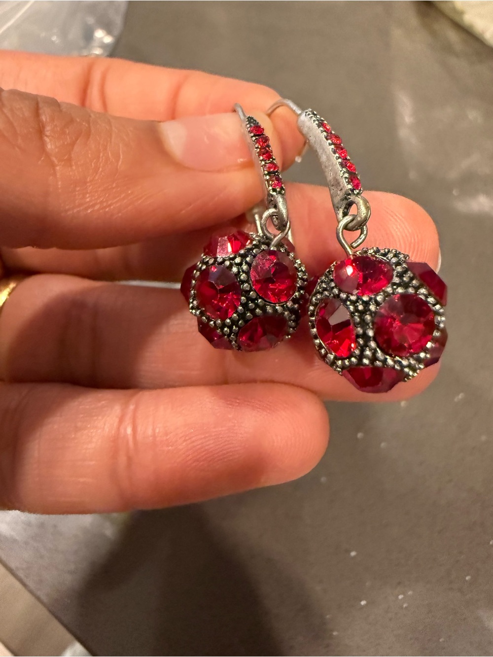 Silver Drop Earrings with Red Crystals - Picture 2 of 3
